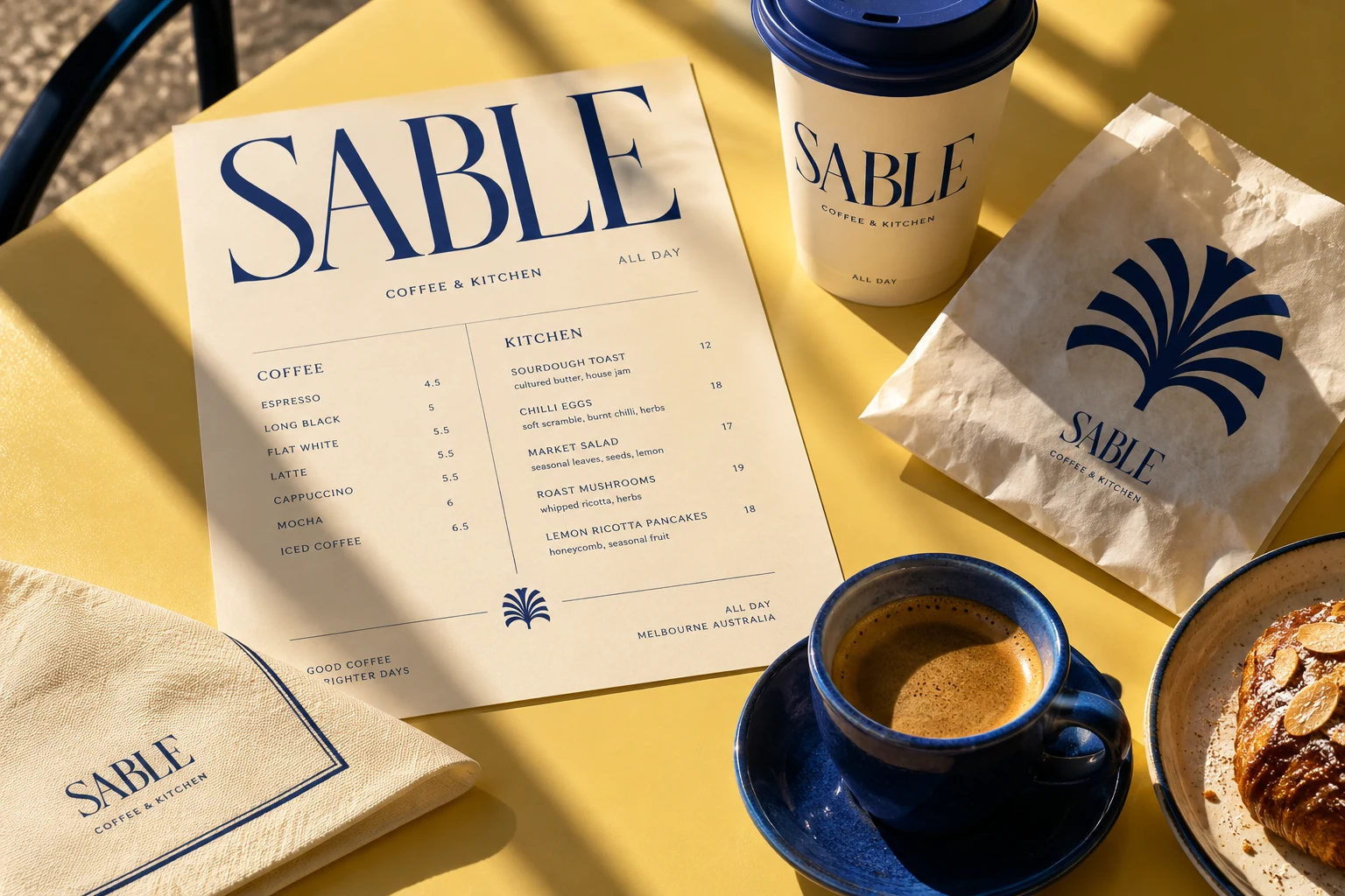 Sable: Identity · Menus · Takeaway packaging